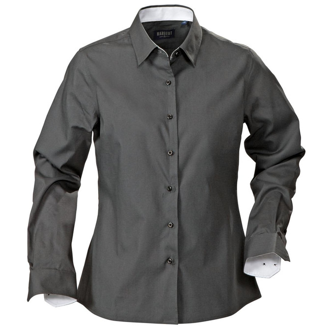 A dark grey button-up blouse with long sleeves and contrasting white cuffs. Features a collar and a front button placket.