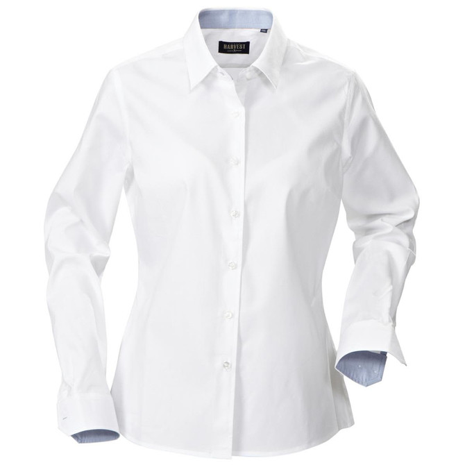 A white button-up shirt for women featuring a classic collar and long sleeves with contrasting cuffs. It has a logo on the label.