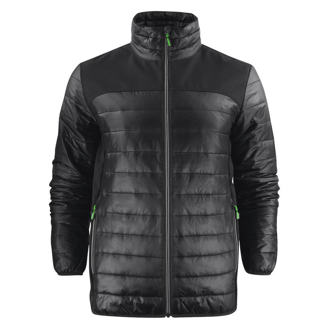 A unisex lightweight jacket in black with green accents and a zip front, featuring a padded design and a logo.