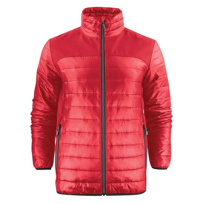 A red unisex lightweight jacket with a zippered front and side pockets. It features a logo on the chest.