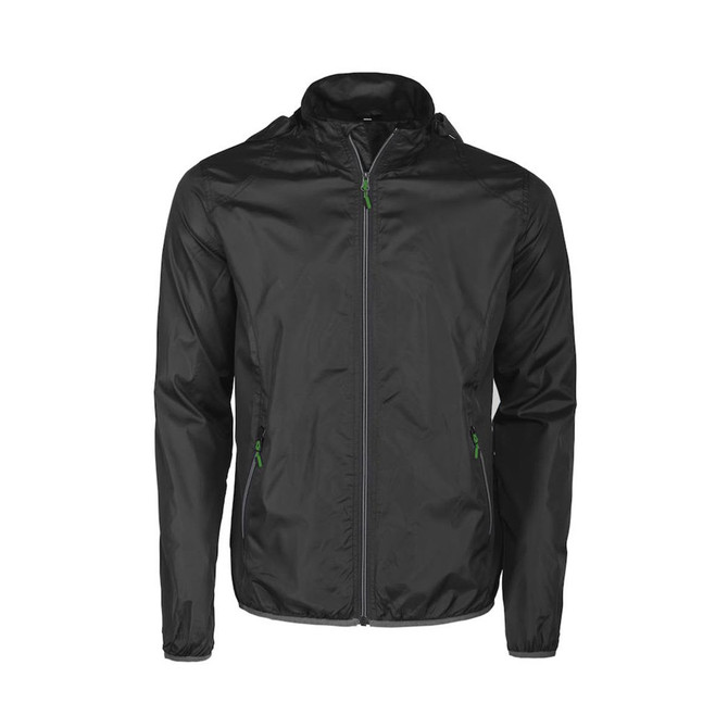 A lightweight unisex jacket in black with green zipper accents and pockets. It features a hood and a logo.
