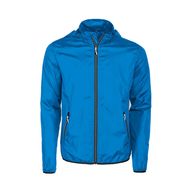 A blue unisex lightweight jacket with a zip front and side pockets, featuring a logo on one side.