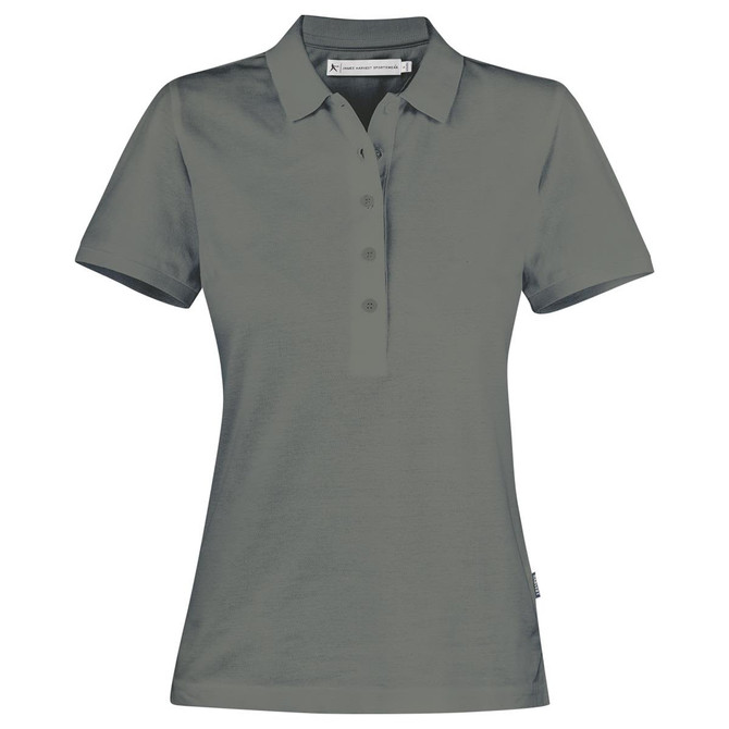 A women's polo shirt in a dark grey shade featuring a collar and a placket with buttons. It has a logo.