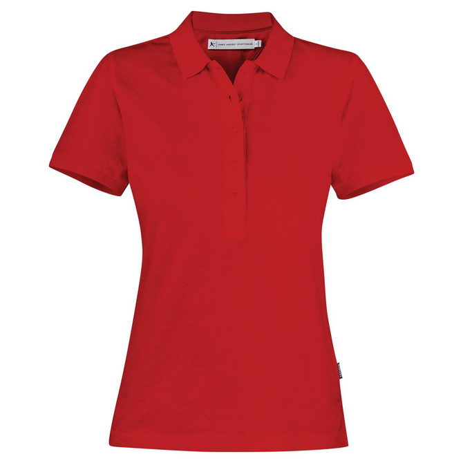 A red women's polo shirt featuring a collar and a branding logo. The shirt is made of cotton.