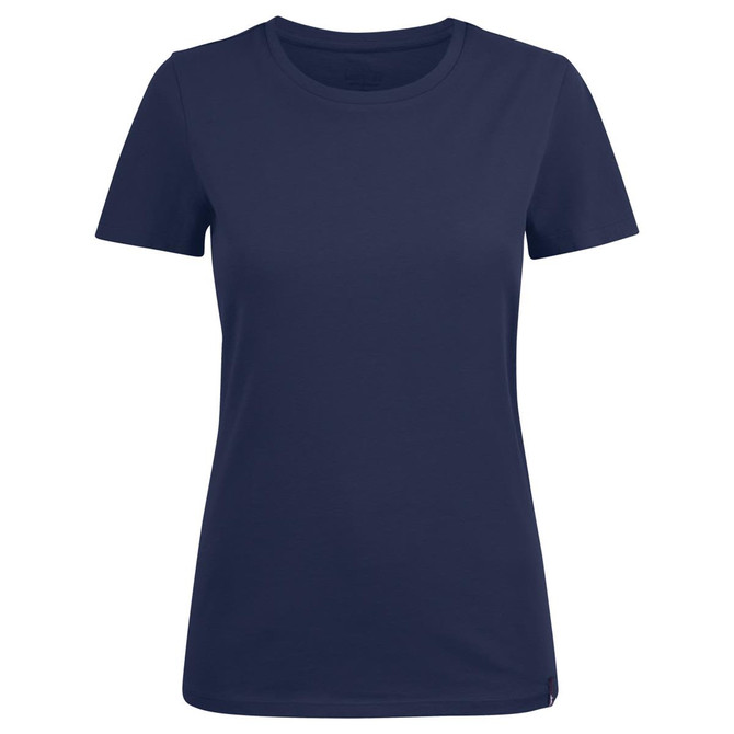 A navy blue women's crew neck tee, featuring short sleeves and a simple design, with a logo on the side.