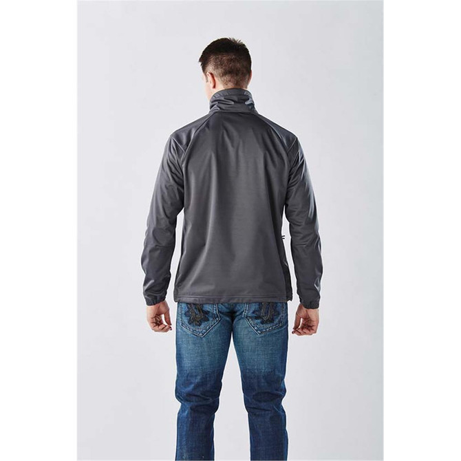 A grey Men's Catskill Anorak jacket viewed from the back, featuring a collar and a branded logo.