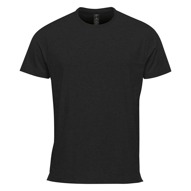 A black short sleeve t-shirt featuring a logo, designed for performance wear.