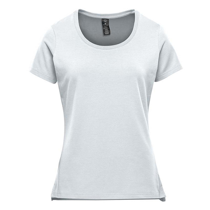 A light blue women's short sleeve tee with a round neckline and a label inside. It features a logo.