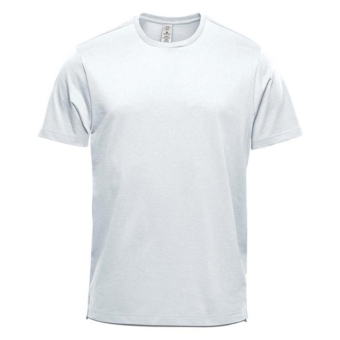 A light grey short sleeve tee with a round neck, featuring a simple design and a logo.