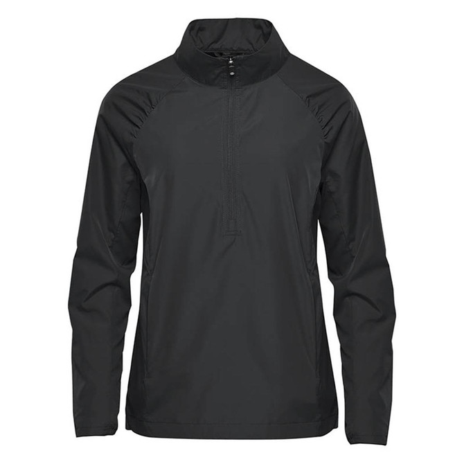 A black women's 1/4 zip anorak rain jacket with a logo. Features raglan sleeves and a high collar.