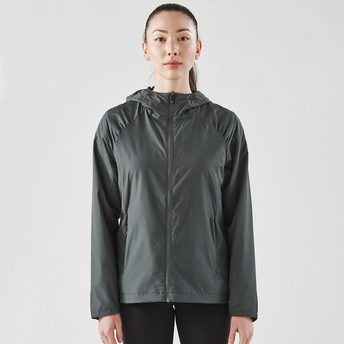 A dark grey women's wind jacket with a hood, featuring a front zipper and a minimalistic design.