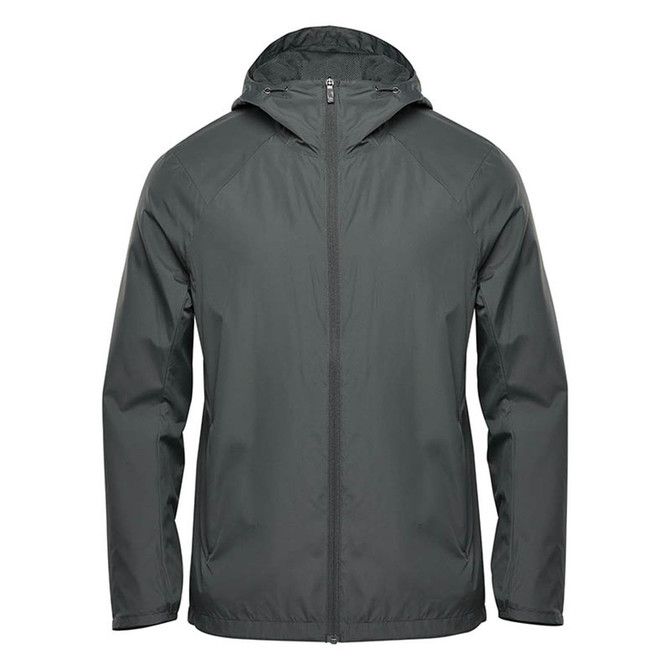 A men's wind jacket in dark green, featuring a hood and a front zip, with a logo on the chest.