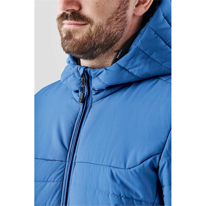 A blue quilted hoody featuring a hood and a central zip, displayed on a model's upper body.