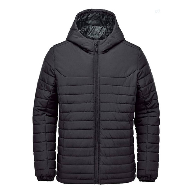 A black quilted hoody with a zip front and a hood. The design features horizontal seams and has a logo.