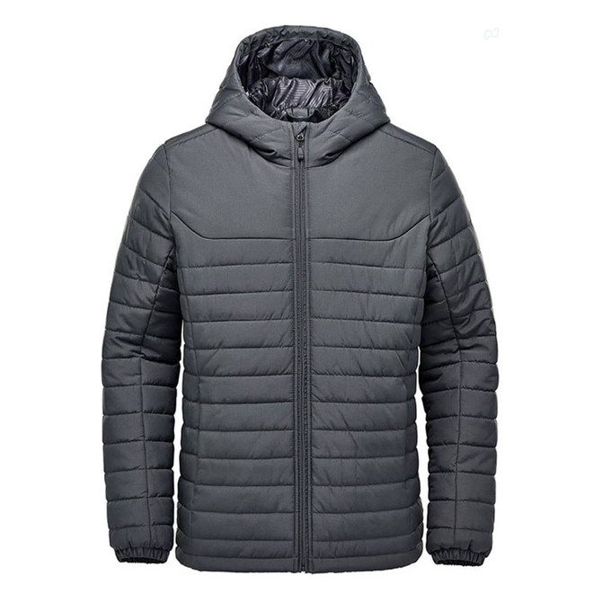 A dark grey quilted hoody with a zip front and hood, featuring a logo on the chest.