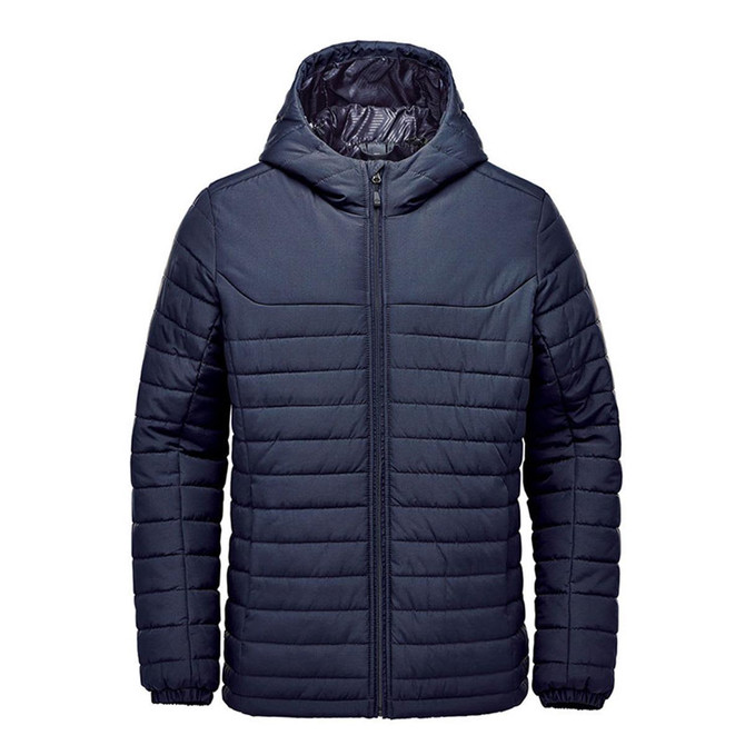 A navy blue quilted hoody with a zip front and a hood, featuring a logo.