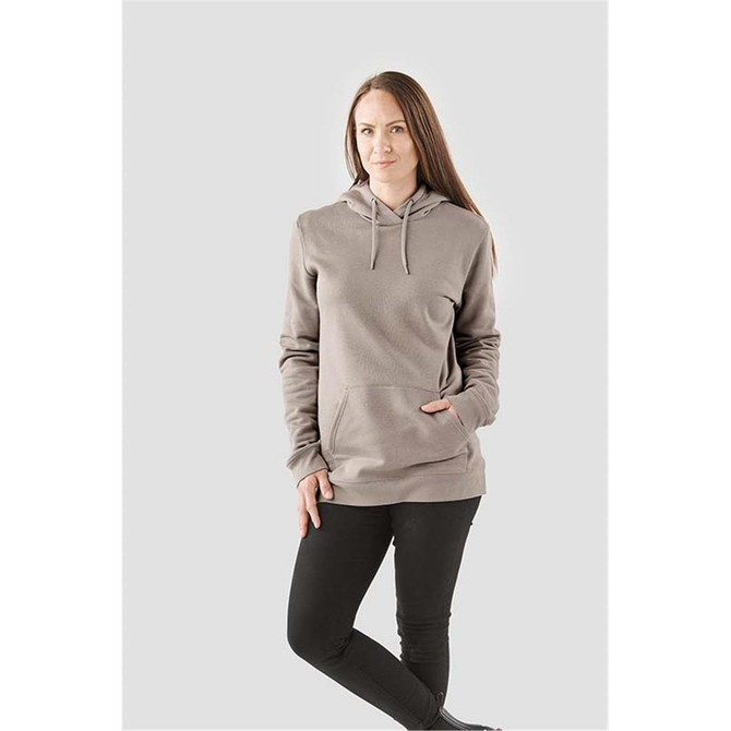 A women's grey fleece pullover hoody with a front pocket and attached hood, worn with black pants.