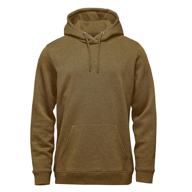 A brown pullover hoody with a front pocket and adjustable drawstring hood, featuring a logo.