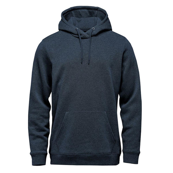 A dark grey fleece pullover hoody featuring a front pocket and a drawstring hood. It has a logo on it.
