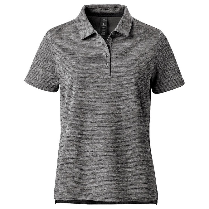 A women's polo shirt in a grey marled design, featuring a classic collar and three-button placket. It has a logo.