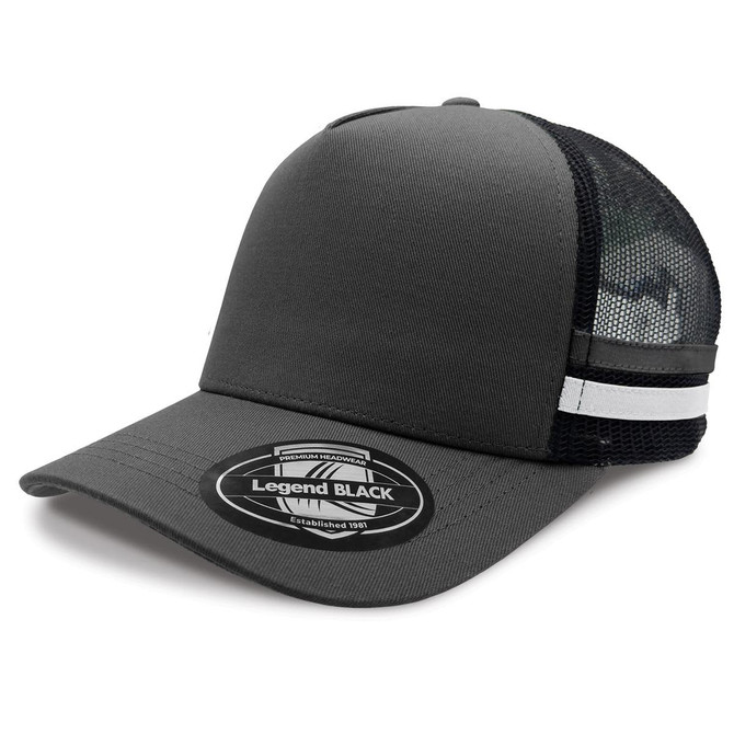 A grey trucker cap featuring a mesh back and a white stripe design. Includes a logo on the front.