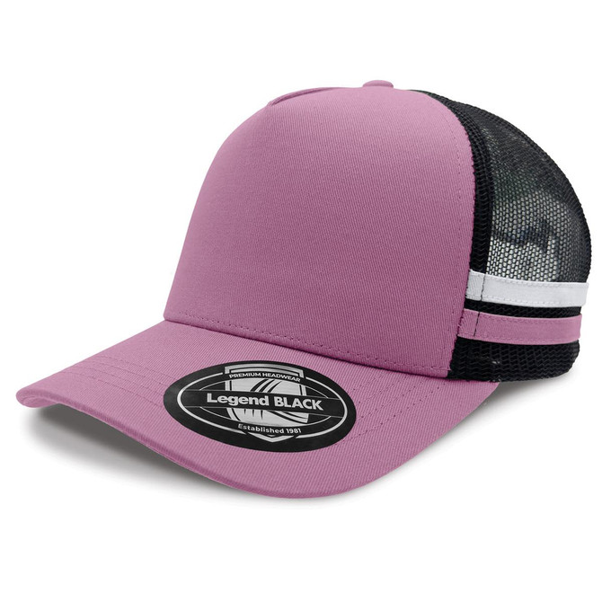 A pink striped trucker cap with a black mesh back and a logo on the front.