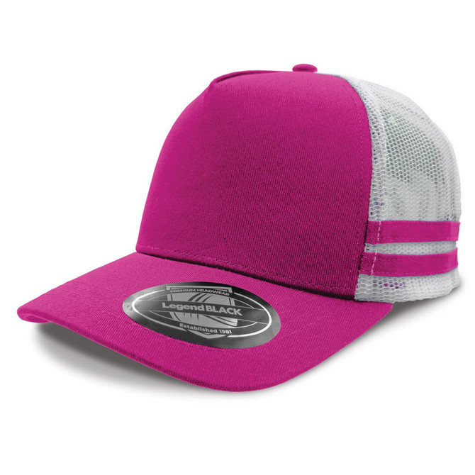 A pink trucker cap with a mesh back and striped details, featuring a logo on the front.