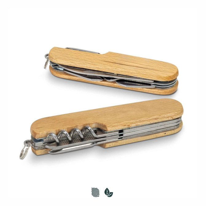 A wooden pocket knife featuring a sleek design with a corkscrew and stainless steel tools, complete with a keyring attachment.