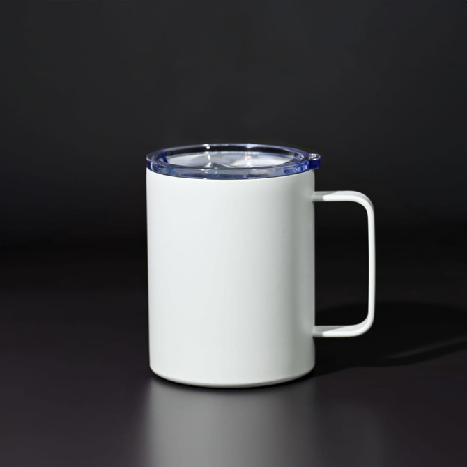 A drink bottle in white with a blue lid, featuring a handle and a logo on the side.