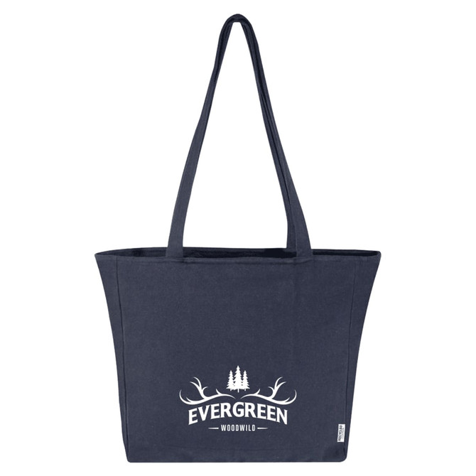 A navy tote bag featuring a logo and a stylish design with antlers and trees.
