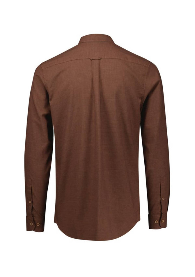 A long-sleeved, brown button-up shirt with a back yoke and buttoned cuffs, featuring a subtle texture and a branding logo.