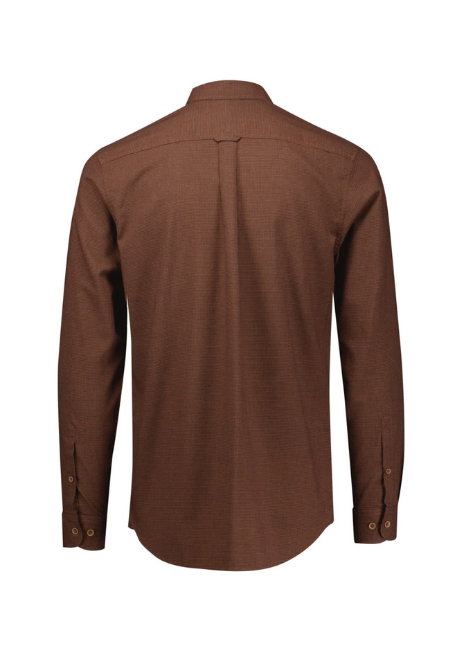 A brown long sleeve button-up shirt featuring a back yoke and button cuffs. The shirt has a branding logo.