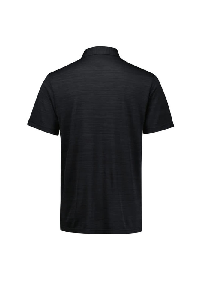 A black short sleeve polo shirt with a textured pattern and a collar, featuring a logo.