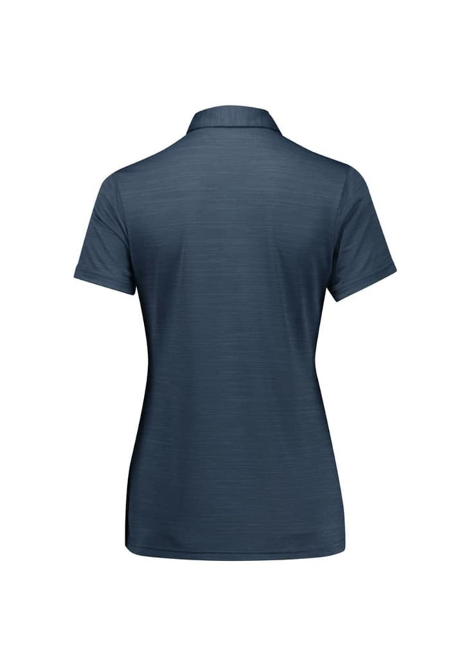 A women's short sleeve polo shirt in navy blue with a subtle texture and a collar, featuring a logo.