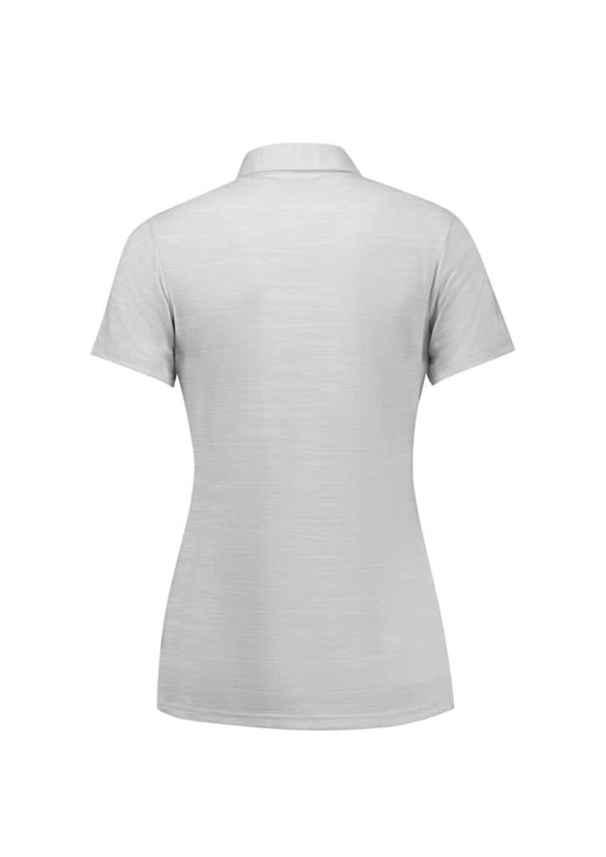 A light grey women's short sleeve polo shirt with a subtle texture and a collar, featuring a logo.