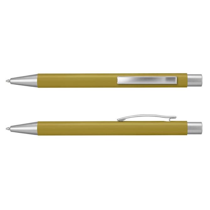 A metal pen in olive green with silver accents and a clip, featuring a sleek design and a logo.