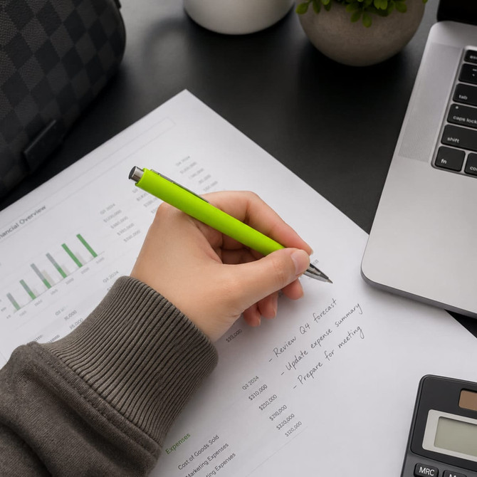 A hand holding a green plastic pen over printed documents and a laptop, with a plant in the background.