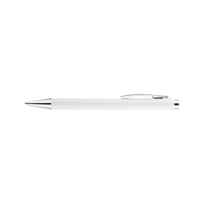 A plastic pen featuring a white body and chrome accents. It includes a clip and a logo on the barrel.