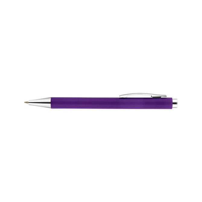 A purple plastic pen with a silver clip and tip, featuring a logo.
