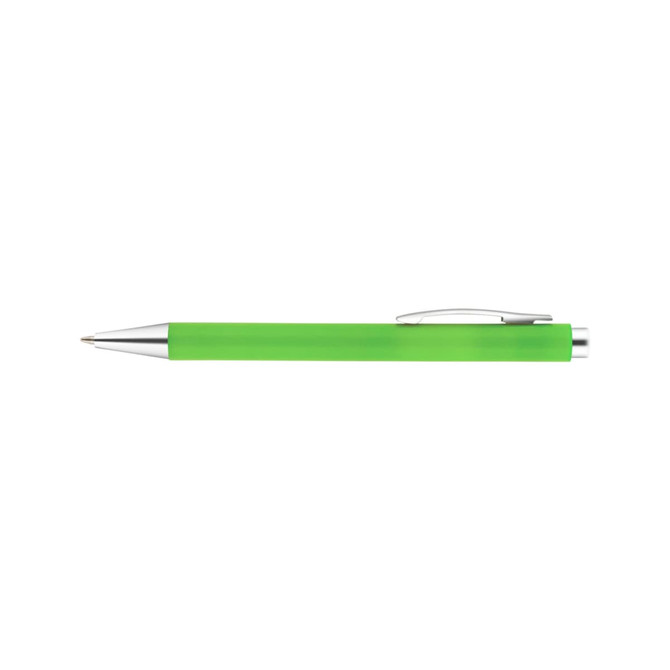 A green plastic pen with a shiny silver clip and tip, featuring a simple, sleek design.