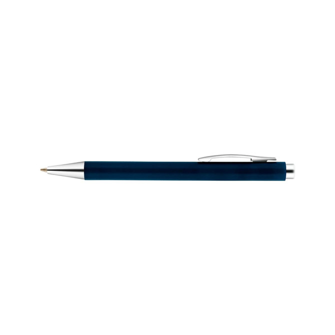 A plastic pen in dark blue with silver accents and a clip, featuring a logo on its body.