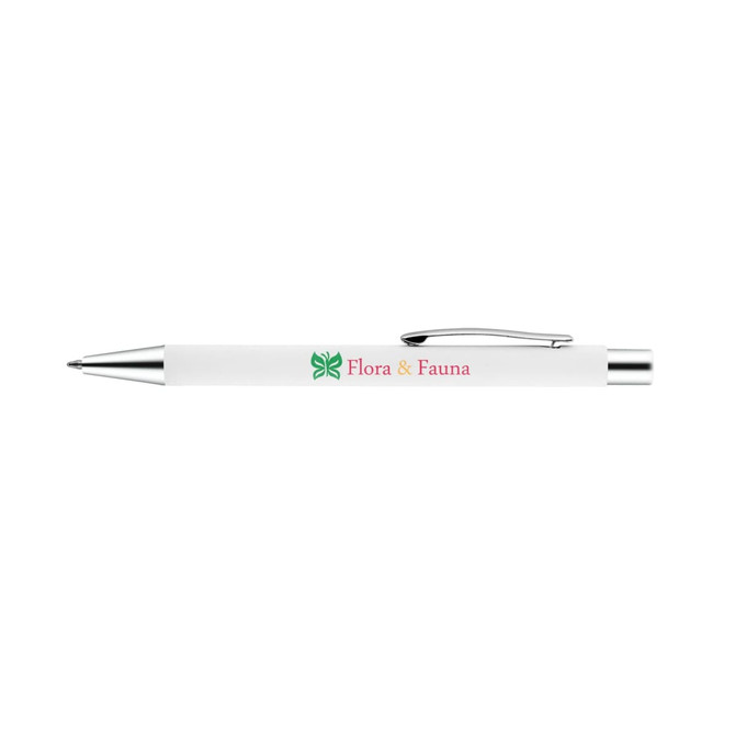 A metal pen in white with a silver clip and a logo printed on the barrel.