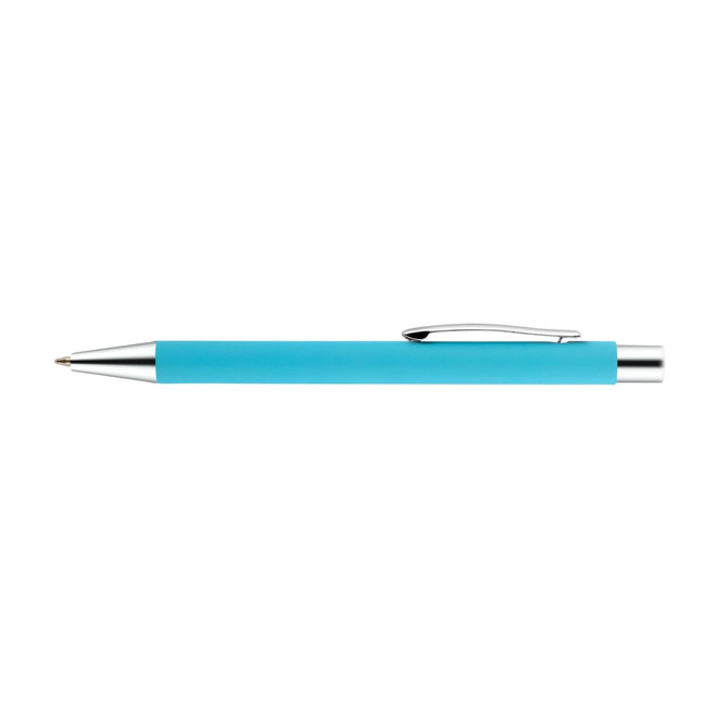 A turquoise aluminium pen with a silver clip and a sleek design. It features branding on the barrel.