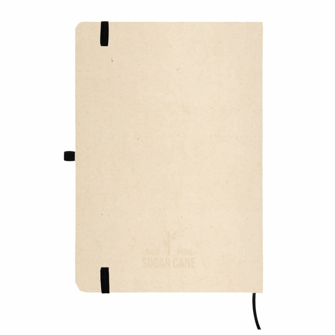 A beige A5 notebook made from sugarcane, featuring a black elastic closure and a logo.