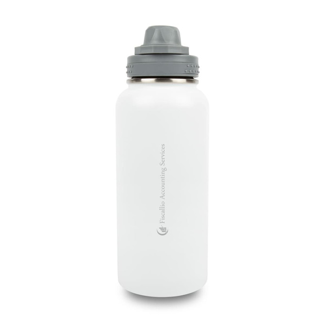 A drink bottle made of white stainless steel with a grey screw-on lid and a logo. Ideal for keeping beverages hot or cold.