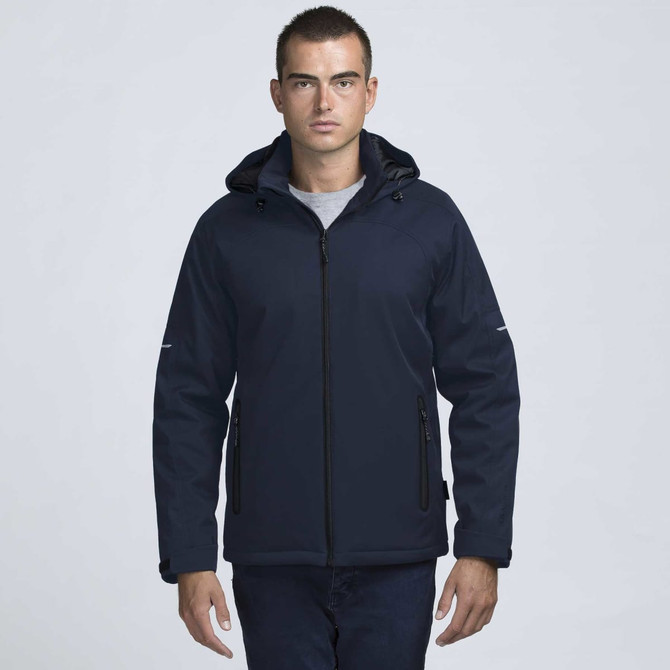 A man wearing a navy Ascend X10 soft shell jacket with a hood, featuring a zipped front and pockets.
