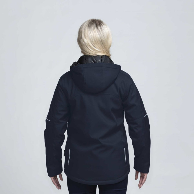 A soft shell jacket in navy blue with a hood, featuring a logo on the back, shown from behind.