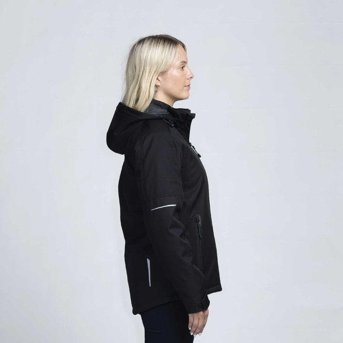 A soft shell jacket in black, featuring a hood and reflective elements, displayed on a model from the side.