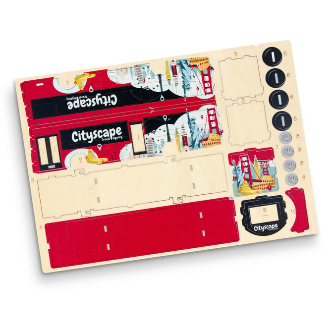 A wooden model kit of a bus in red and cream, featuring intricate designs and a branding logo.