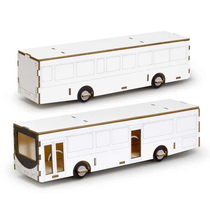 A wooden model bus in white and brown, featuring detailed cutouts for windows and doors.